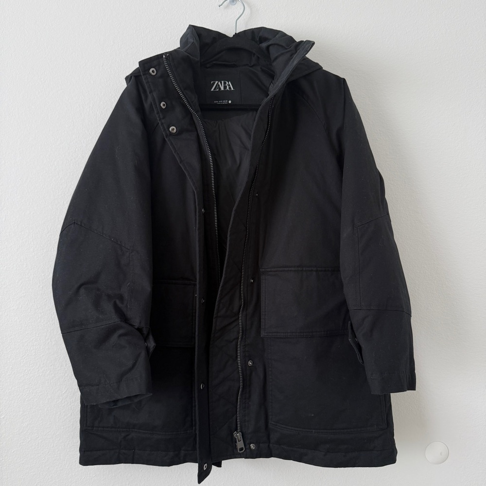 ZARA Black Hooded Long Parka Jacket with Pockets – Size XS/S